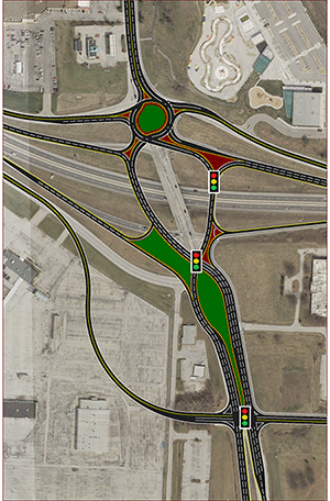 Image of the proposed configuration of the 50 Highway and Route 291 South interchange. Image of the proposed configuration of the 50 Highway and Route 291 South interchange.